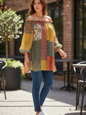 ZARA Blouse Patchwork Multi-Color Off-Shoulder Top Tunic New w/Tag #3092 XS